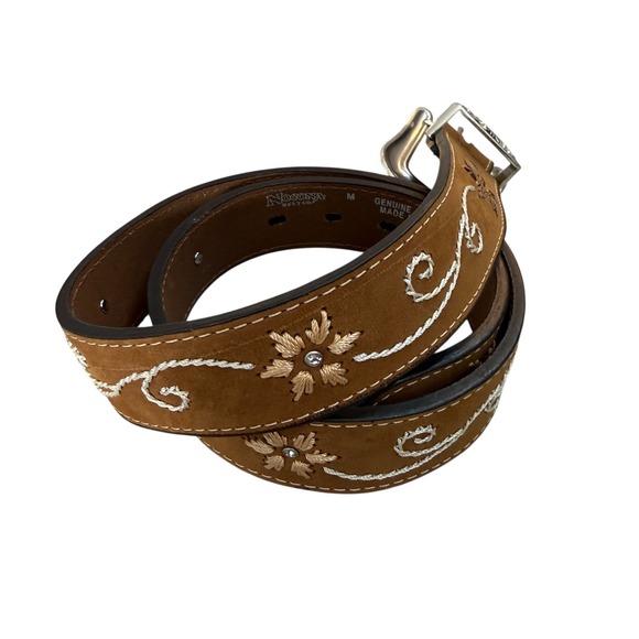 Nocona Belt Co Womens Brown Suede Rhinestone Floral Embroidered Western Belt M - Picture 2 of 10